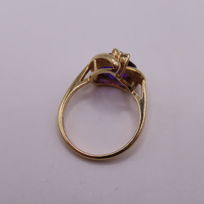 14K Yellow Gold Heart Shaped Amethyst & Diamond Accent Cocktail Ring Size 6.25 3.5g