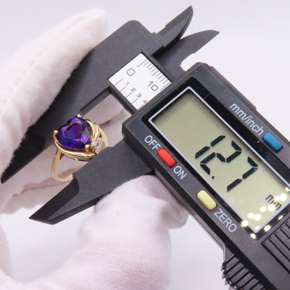 14K Yellow Gold Heart Shaped Amethyst & Diamond Accent Cocktail Ring Size 6.25 3.5g