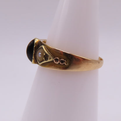 Vintage 15K Yellow Gold Tiger's Eye Cabochon & Seed Pearl Band Ring Size 7 3.1g