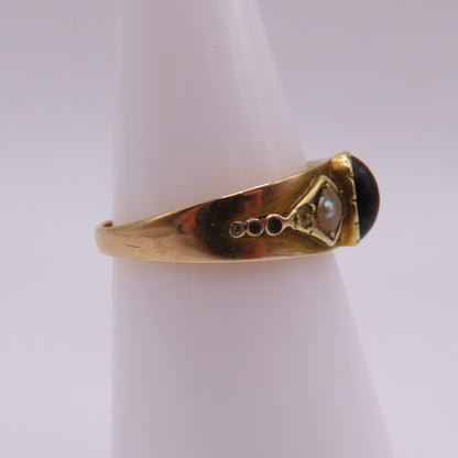 Vintage 15K Yellow Gold Tiger's Eye Cabochon & Seed Pearl Band Ring Size 7 3.1g