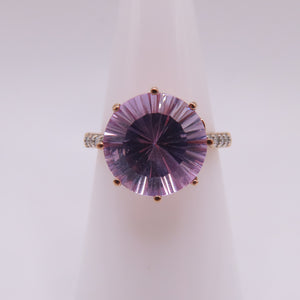 14K Rose Gold Starburst Faceted Amethyst & Diamond Pavé High Profile Ring Size 7.25 3.5g
