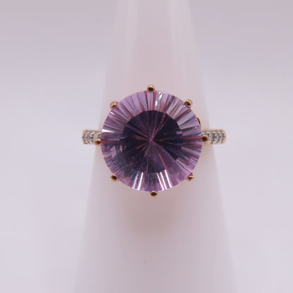 14K Rose Gold Starburst Faceted Amethyst & Diamond Pavé High Profile Ring Size 7.25 3.5g
