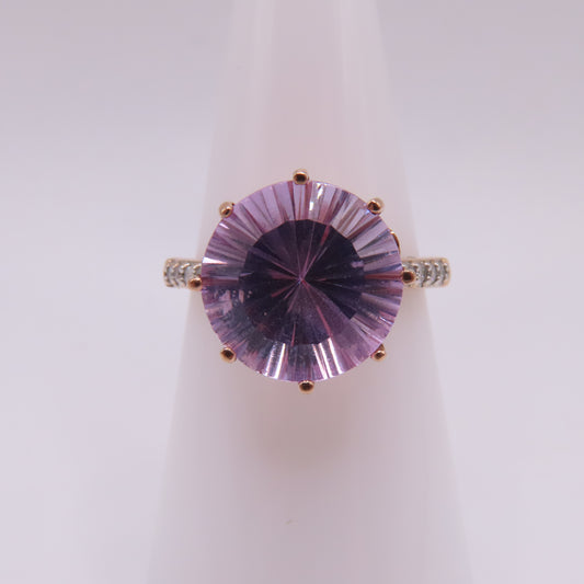 14K Rose Gold Starburst Faceted Amethyst & Diamond Pavé High Profile Ring Size 7.25 3.5g