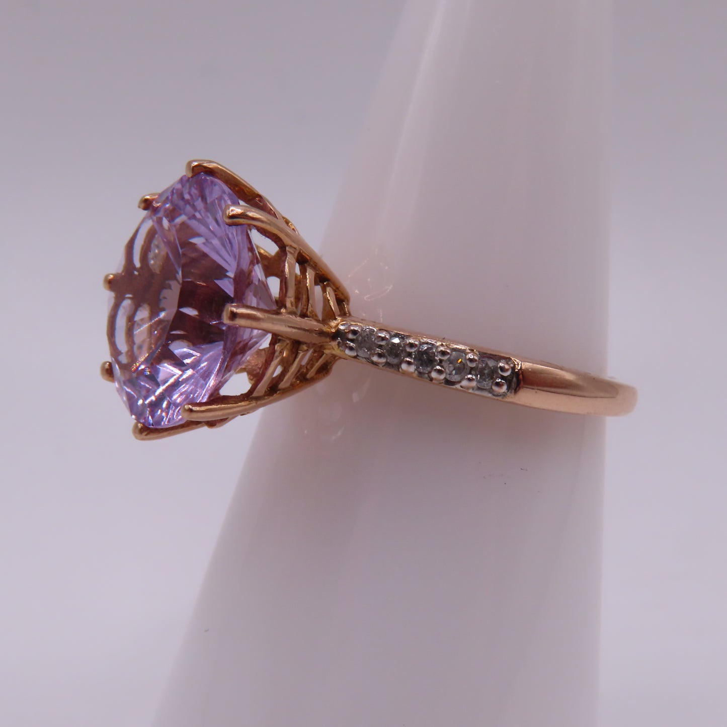 14K Rose Gold Starburst Faceted Amethyst & Diamond Pavé High Profile Ring Size 7.25 3.5g