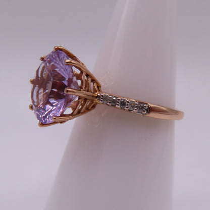 14K Rose Gold Starburst Faceted Amethyst & Diamond Pavé High Profile Ring Size 7.25 3.5g