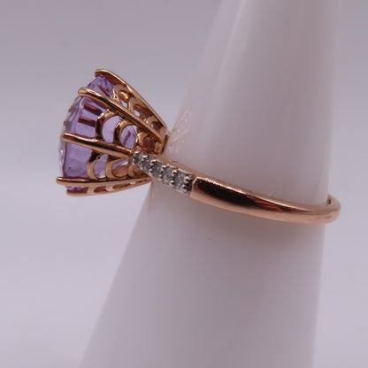 14K Rose Gold Starburst Faceted Amethyst & Diamond Pavé High Profile Ring Size 7.25 3.5g
