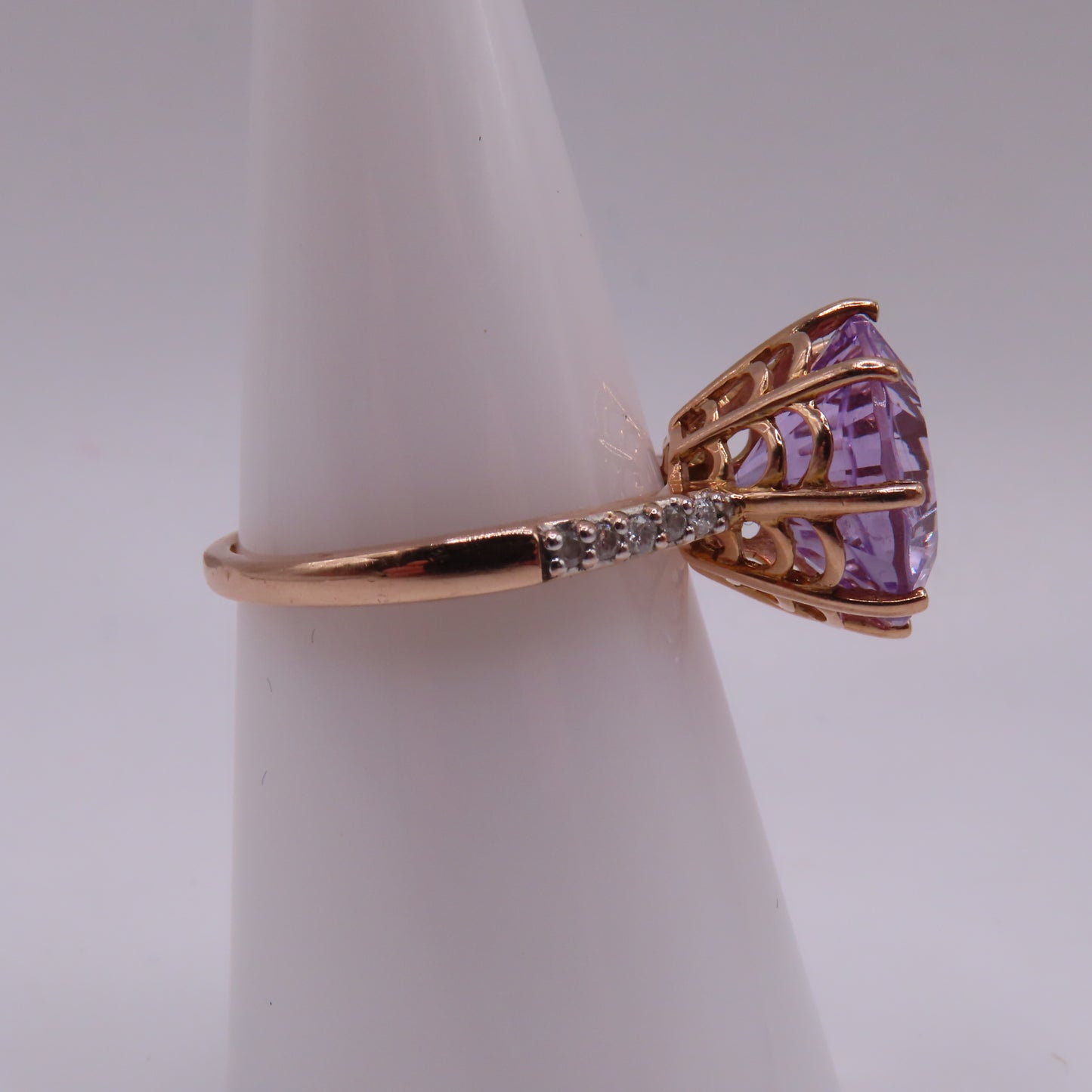 14K Rose Gold Starburst Faceted Amethyst & Diamond Pavé High Profile Ring Size 7.25 3.5g