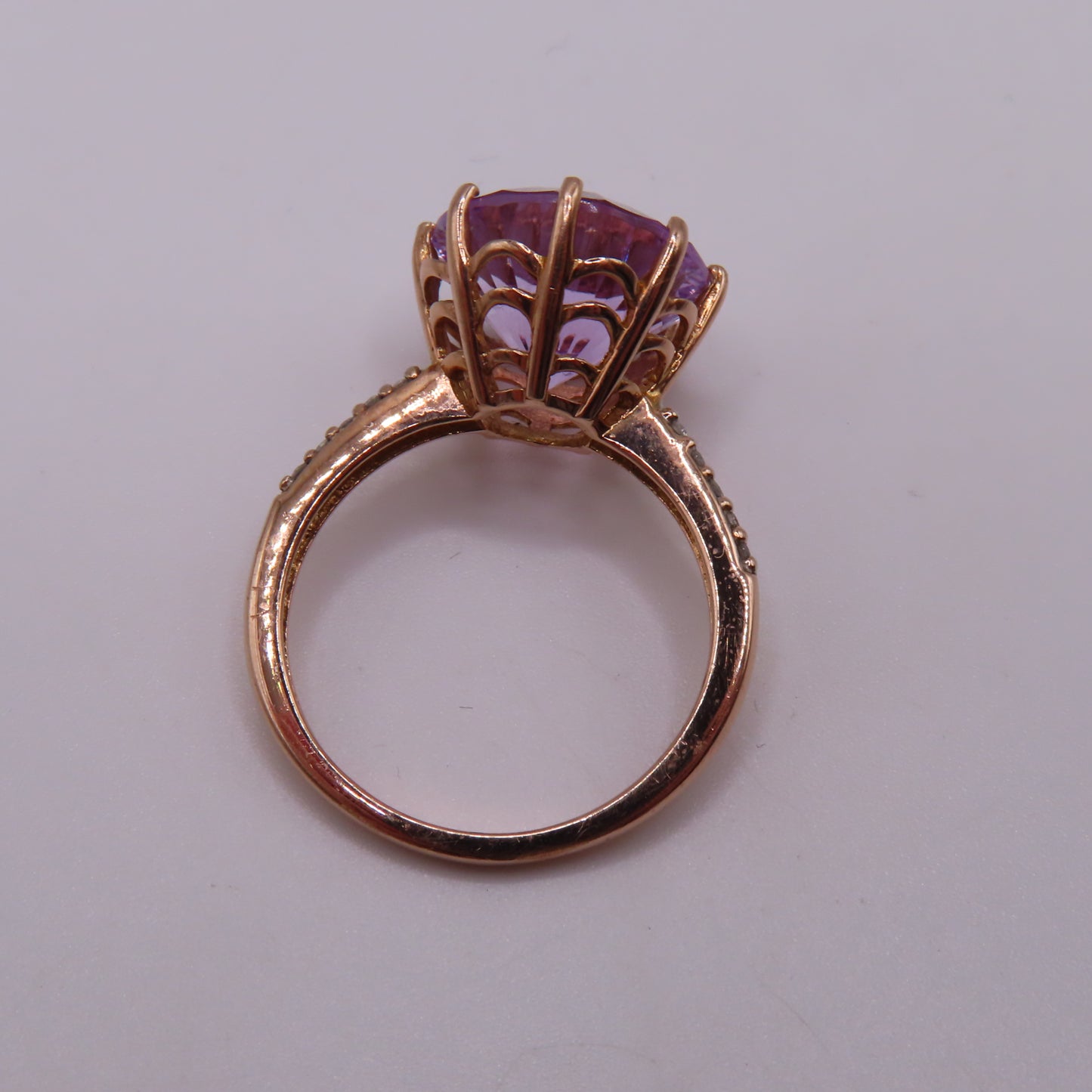 14K Rose Gold Starburst Faceted Amethyst & Diamond Pavé High Profile Ring Size 7.25 3.5g