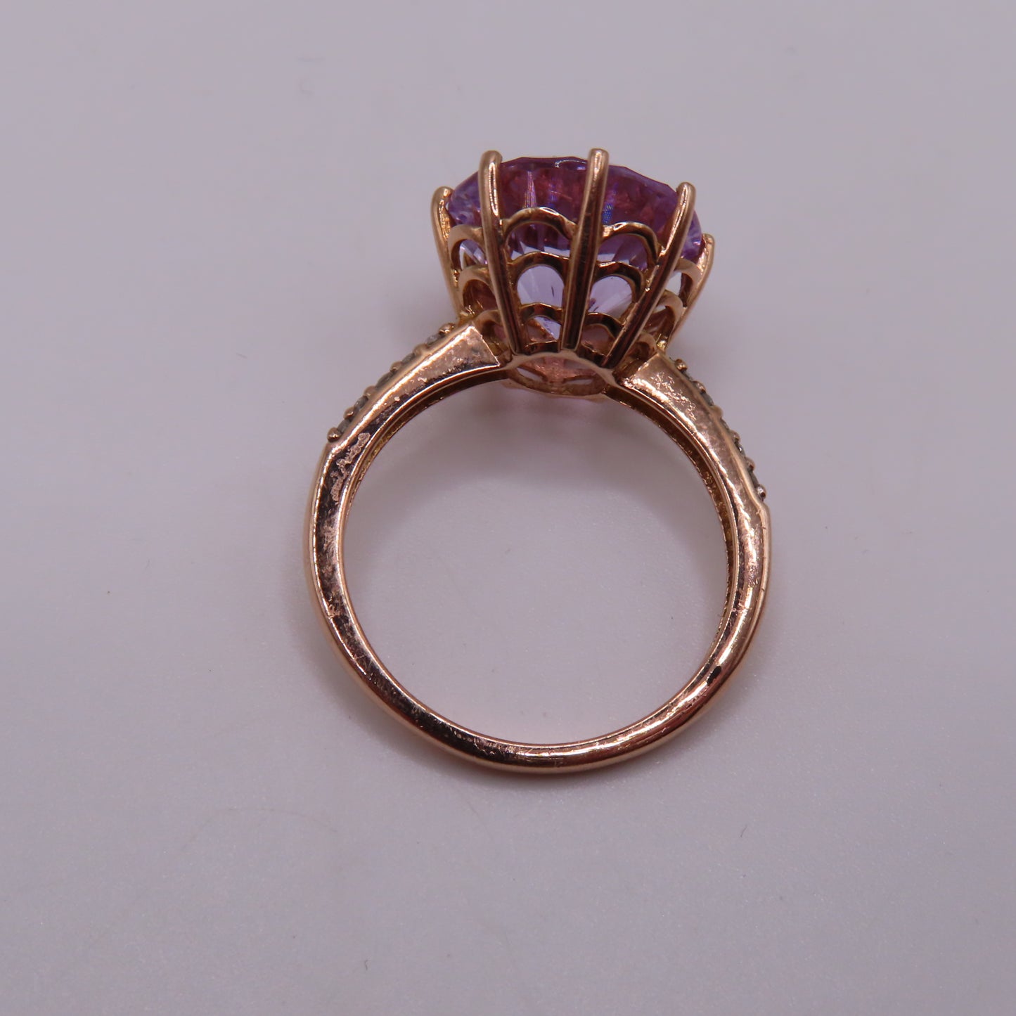 14K Rose Gold Starburst Faceted Amethyst & Diamond Pavé High Profile Ring Size 7.25 3.5g