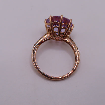 14K Rose Gold Starburst Faceted Amethyst & Diamond Pavé High Profile Ring Size 7.25 3.5g