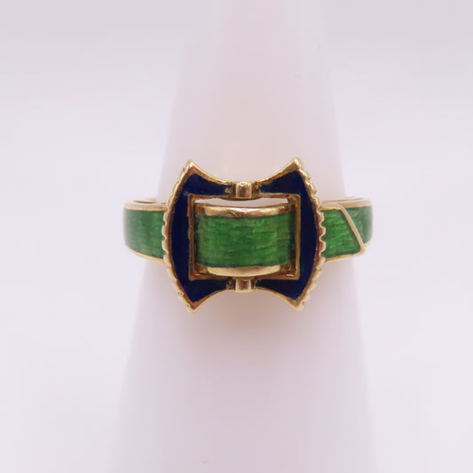 18K Yellow Gold Blue & Green Enamel Inlay Buckle Motif MCM Ring Size 7 4.7g