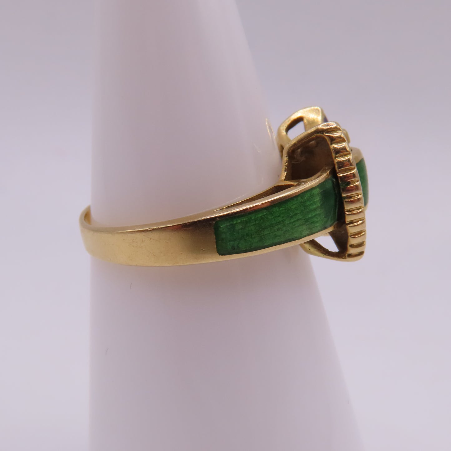 18K Yellow Gold Blue & Green Enamel Inlay Buckle Motif MCM Ring Size 7 4.7g