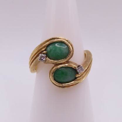 14K Yellow Gold Green Jade Cabochon Diamond Textured Asymmetrical Ring Size 6.5 7.1g