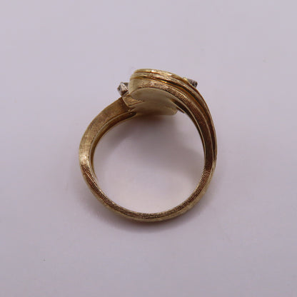 14K Yellow Gold Green Jade Cabochon Diamond Textured Asymmetrical Ring Size 6.5 7.1g