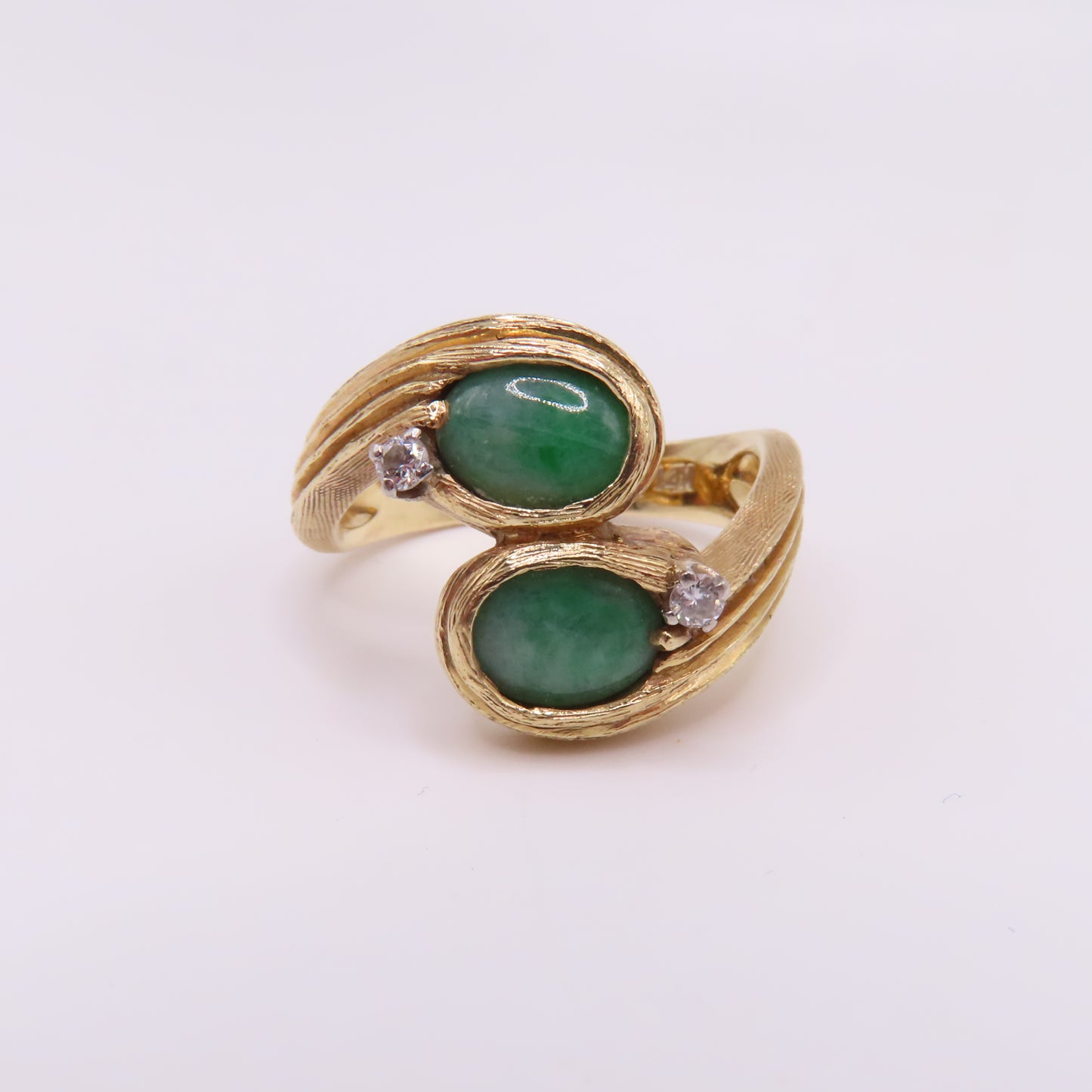 14K Yellow Gold Green Jade Cabochon Diamond Textured Asymmetrical Ring Size 6.5 7.1g