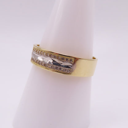 14K Two Tone Gold Diamond Cut Chevron Pavé Accent Band Ring Size 9.5 3.2g