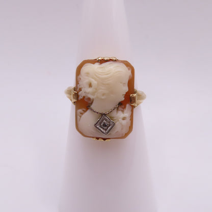 Vintage 10K Yellow Gold Habillé Cameo Shell Carved Lady Ring Size 5.5 3.2g