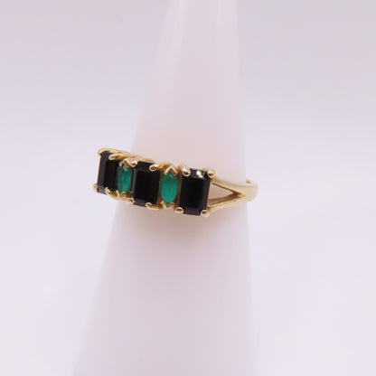 14K Yellow Gold Alternating Emerald & Onyx Five Stone Band Ring Size 6.5 2.9g