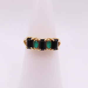 14K Yellow Gold Alternating Emerald & Onyx Five Stone Band Ring Size 6.5 2.9g