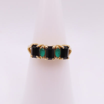 14K Yellow Gold Alternating Emerald & Onyx Five Stone Band Ring Size 6.5 2.9g