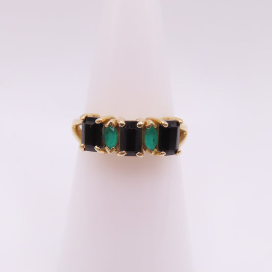 14K Yellow Gold Alternating Emerald & Onyx Five Stone Band Ring Size 6.5 2.9g