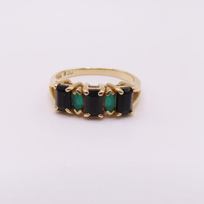 14K Yellow Gold Alternating Emerald & Onyx Five Stone Band Ring Size 6.5 2.9g