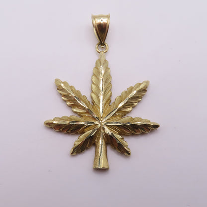 10K Yellow Gold Marijuana Weed Pot Leaf Diamond Cut Pendant for Chain 1.75" 4g