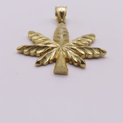 10K Yellow Gold Marijuana Weed Pot Leaf Diamond Cut Pendant for Chain 1.75" 4g