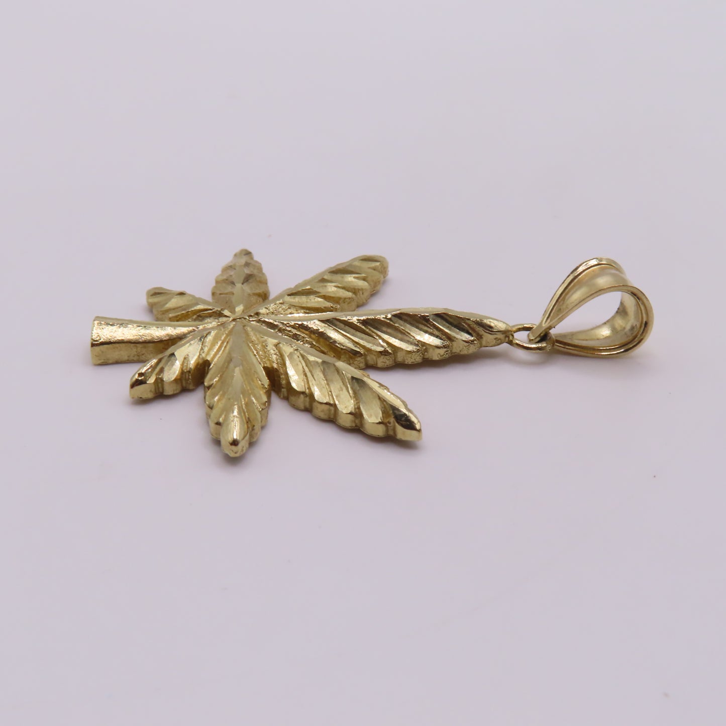 10K Yellow Gold Marijuana Weed Pot Leaf Diamond Cut Pendant for Chain 1.75" 4g