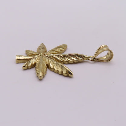 10K Yellow Gold Marijuana Weed Pot Leaf Diamond Cut Pendant for Chain 1.75" 4g