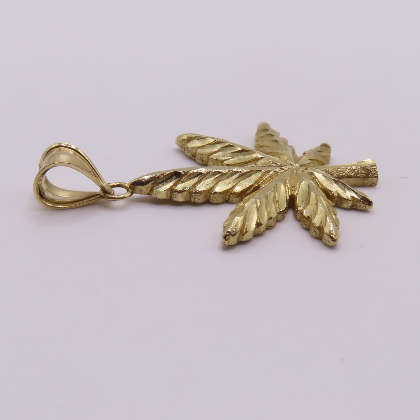 10K Yellow Gold Marijuana Weed Pot Leaf Diamond Cut Pendant for Chain 1.75" 4g