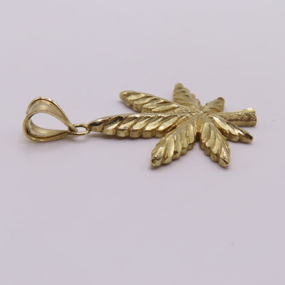 10K Yellow Gold Marijuana Weed Pot Leaf Diamond Cut Pendant for Chain 1.75" 4g