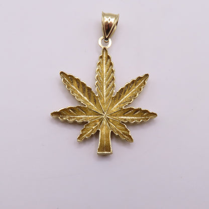 10K Yellow Gold Marijuana Weed Pot Leaf Diamond Cut Pendant for Chain 1.75" 4g