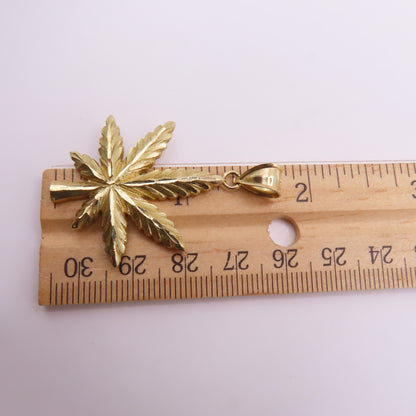 10K Yellow Gold Marijuana Weed Pot Leaf Diamond Cut Pendant for Chain 1.75" 4g