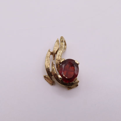 14K Yellow Gold Oval Garnet Openwork Abstract Leaf Flame Pendant Charm 1.8g