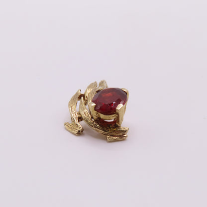 14K Yellow Gold Oval Garnet Openwork Abstract Leaf Flame Pendant Charm 1.8g