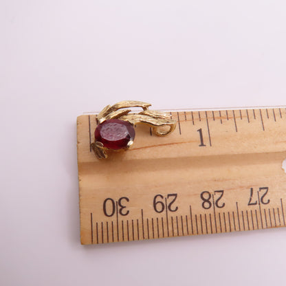14K Yellow Gold Oval Garnet Openwork Abstract Leaf Flame Pendant Charm 1.8g