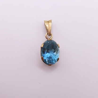 14K Yellow Gold Oval Faceted Blue Aquamarine Solitaire Charm Pendant 1.7g
