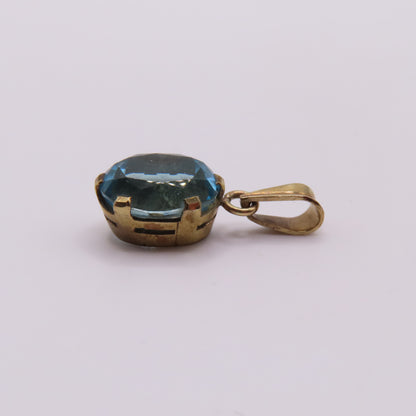 14K Yellow Gold Oval Faceted Blue Aquamarine Solitaire Charm Pendant 1.7g
