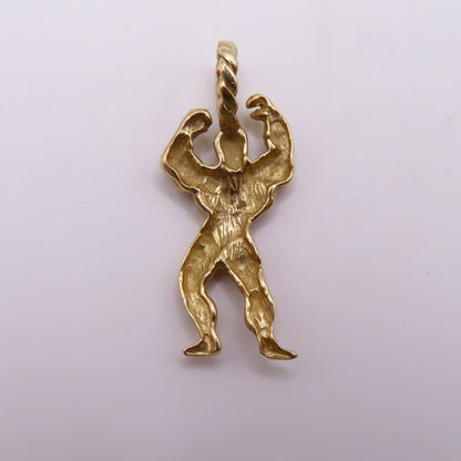 14K Yellow Gold Bodybuilder Muscle Man Fitness Figure Pendant Charm 1.5" 5.8g