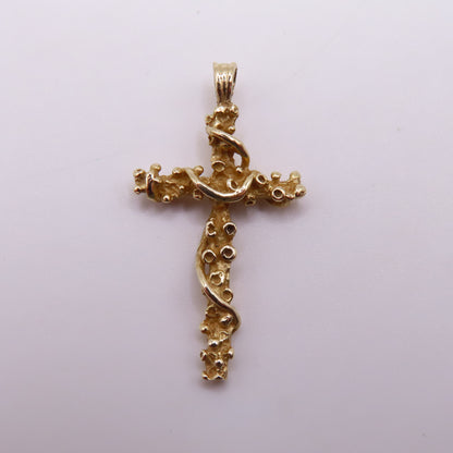 14K Yellow Gold Cross Textured Nugget Vine Ribbon Pendant 1.25" 2.2g