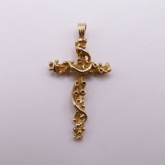 14K Yellow Gold Cross Textured Nugget Vine Ribbon Pendant 1.25" 2.2g