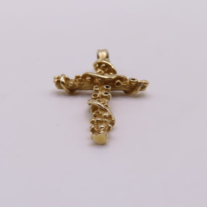 14K Yellow Gold Cross Textured Nugget Vine Ribbon Pendant 1.25" 2.2g