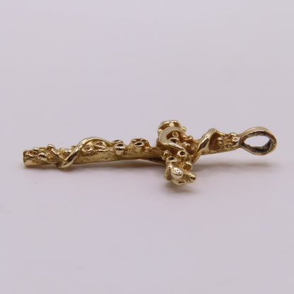 14K Yellow Gold Cross Textured Nugget Vine Ribbon Pendant 1.25" 2.2g