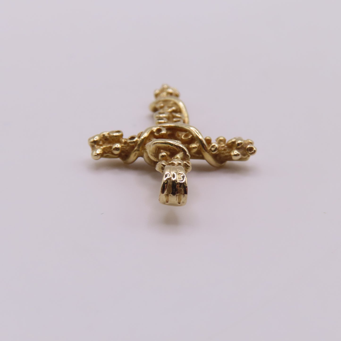 14K Yellow Gold Cross Textured Nugget Vine Ribbon Pendant 1.25" 2.2g