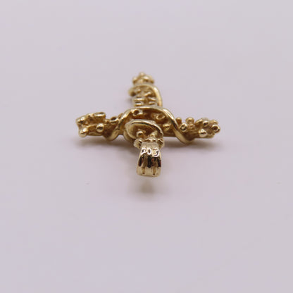 14K Yellow Gold Cross Textured Nugget Vine Ribbon Pendant 1.25" 2.2g