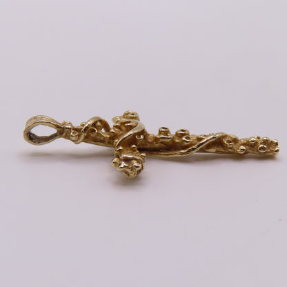 14K Yellow Gold Cross Textured Nugget Vine Ribbon Pendant 1.25" 2.2g