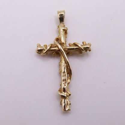 14K Yellow Gold Cross Textured Nugget Vine Ribbon Pendant 1.25" 2.2g