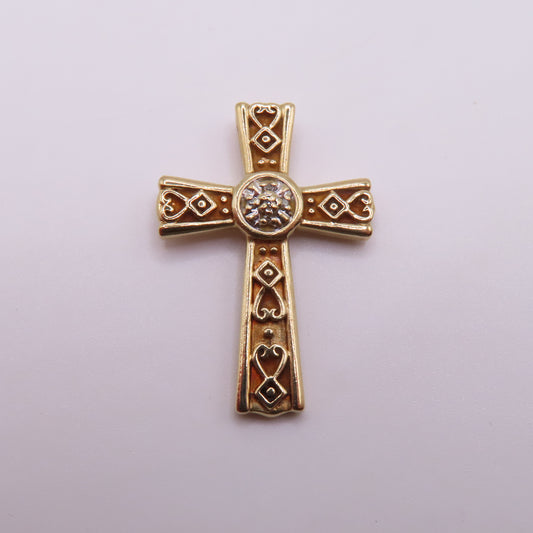 10K Yellow Gold Openwork Filigree Cross with Diamond Cluster Pendant 2.2g