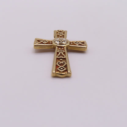 10K Yellow Gold Openwork Filigree Cross with Diamond Cluster Pendant 2.2g